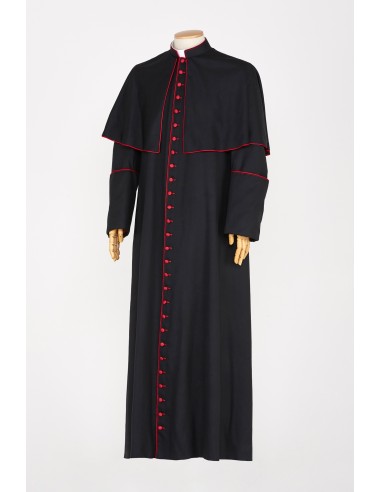 CASSOCK- BLACK WITH CRIMSON RED PIPING